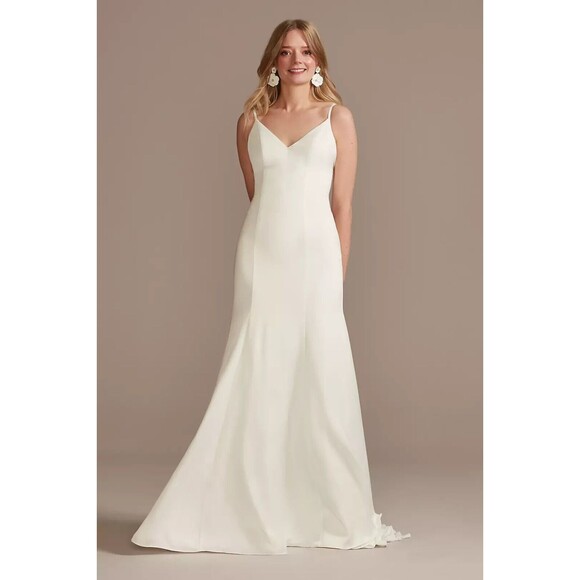 David's Bridal Dresses & Skirts - Davids Bridal Wedding Dress Size 8 Crepe Back Satin Spachetti Strap Soft White